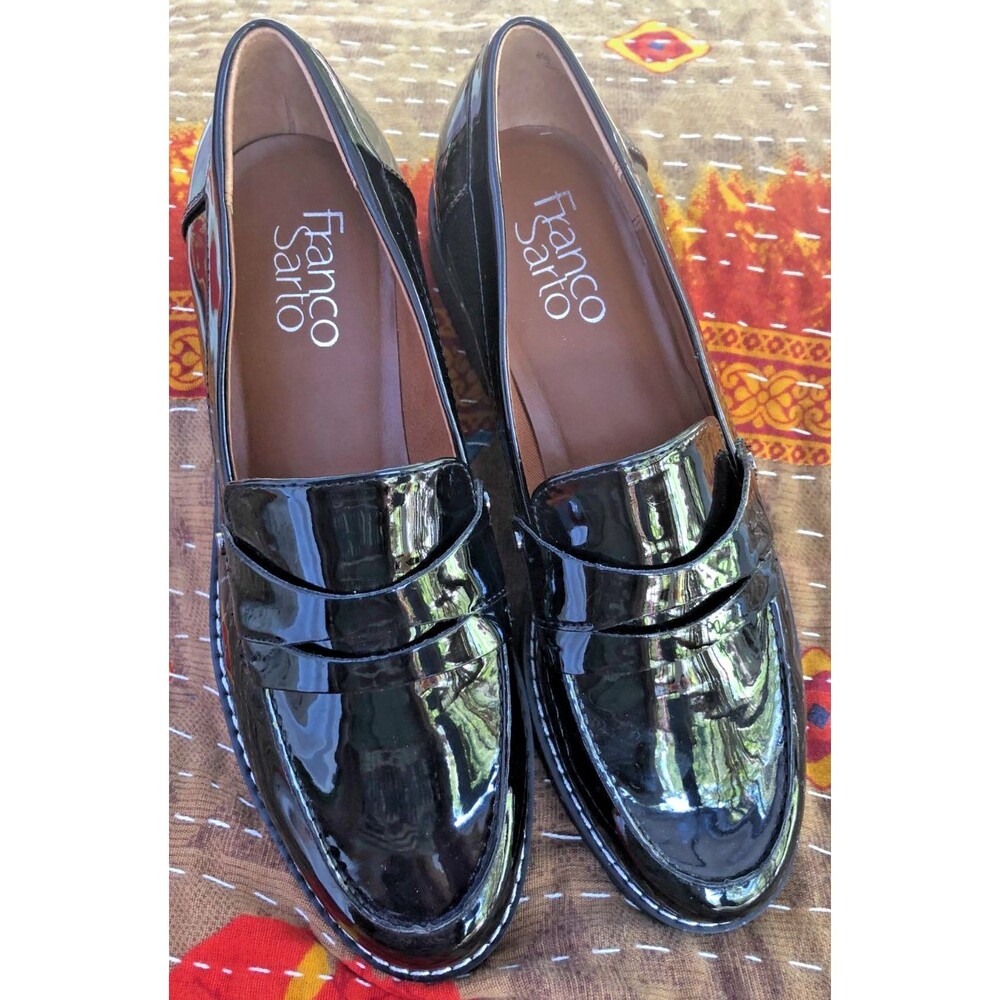 Franco Sarto Callum Black Patent Faux Leather Loafers Slip On Lug Sole Women's 6